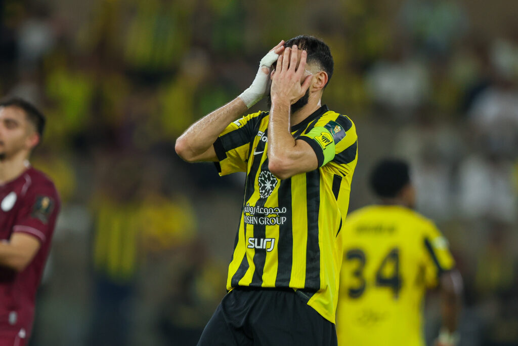 Karim Benzema of Al Ittihad reacts during the Saudi King's Cup match between Al Ittihad and Al Shabab at Prince Abdullah Al Faisal Stadium on November 29, 2025 in Jeddah, Saudi Arabia.