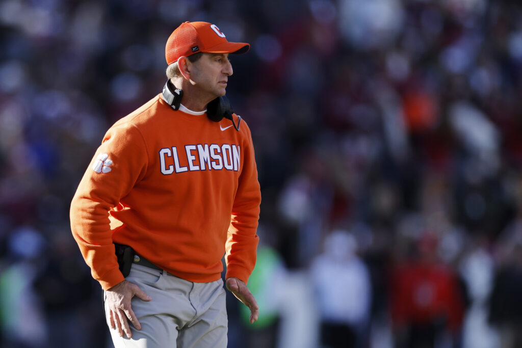 Head coach Dabo Swinney of the Clemson Tigers looks on during a college football game against the South Carolina Gamecocks