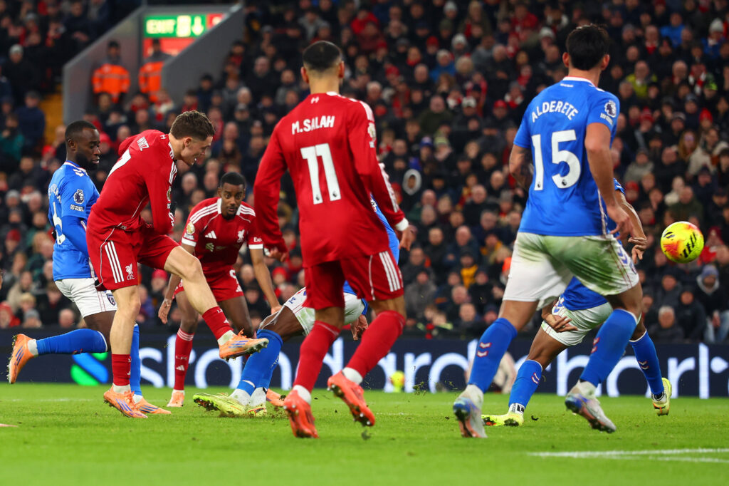 Florian Wirtz of Liverpool scores his side's first goal during the Premier League match between Liverpool and Sunderland at Anfield on December 03, 2025 in Liverpool, England.