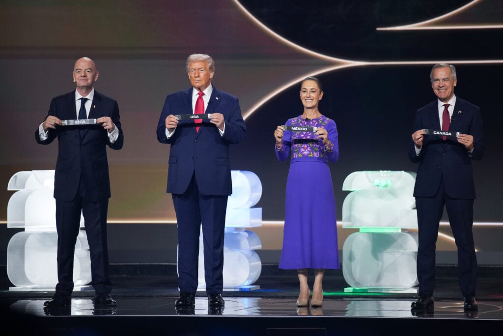 FIFA President Gianni Infantino, U.S. President Donald Trump, Mexican President Claudia Sheinbaum, and Canadian Prime Minister Mark Carney participate in the FIFA World Cup 2026 Official Draw with at the John F. Kennedy Center for the Performing Arts December 05, 2025