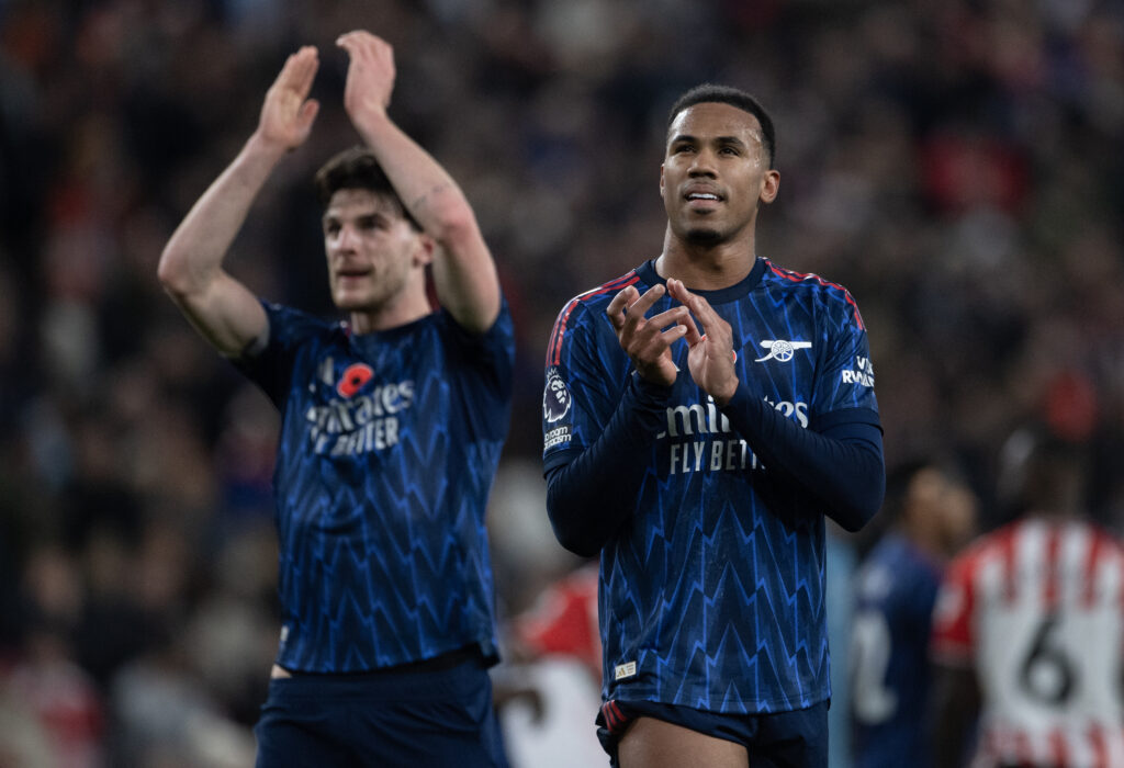 Gabriel Magalhaes and Declan Rice of Arsenal acknowledge the fans after the Premier League match between Sunderland and Arsenal at Stadium of Light.