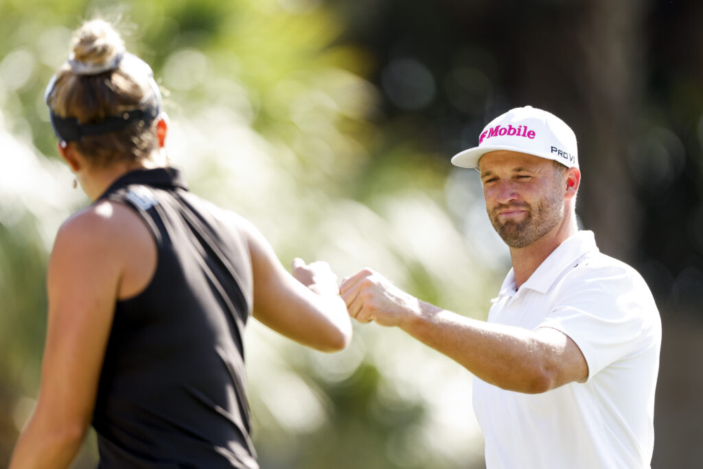 Teammates Wyndham Clark and Lexi Thompson of the United States react after making a birdie on the third hole during the first round of the Grant Thornton Invitational 2025