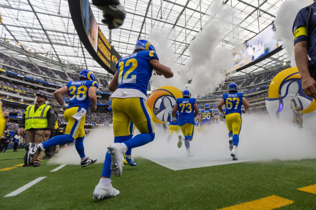 Los Angeles Rams wide receiver Puka Nacua #12 takes the field prior to an NFL game between the Arizona Cardinals and the Los Angeles Rams on January 4, 2026, at SoFi Stadium in Inglewood, CA.