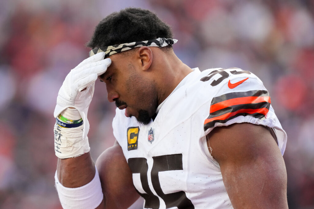 Myles Garrett #95 of the Cleveland Browns walks across the field in the fourth quarter against the Cincinnati Bengals at Paycor Stadium on January 04, 2026 in Cincinnati, Ohio.
