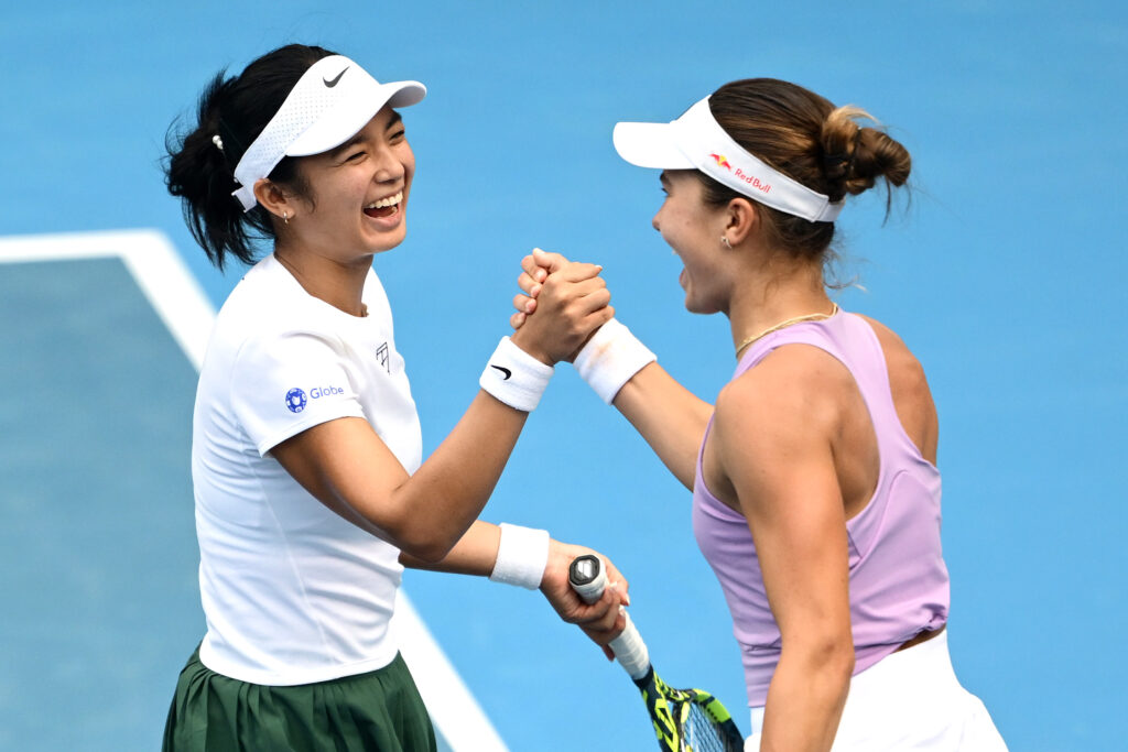Iva Jovic of USA and Alexandra Eala of the Phillipines celebrate after winning their first round doubles match against Elina Svitolina of Ukraine and Venus Williams of USA during day one of the 2025 ASB Classic at ASB Tennis Centre on January 05, 2026 in Auckland, New Zealand.
