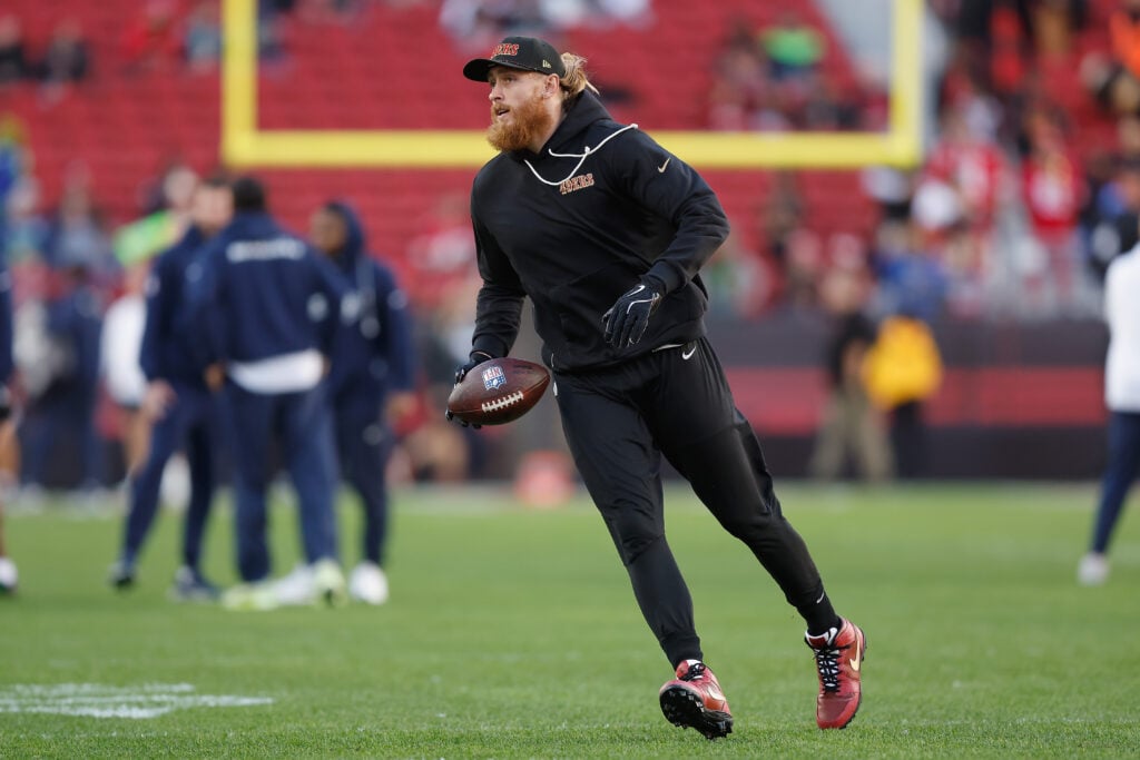 George Kittle #85 of the San Francisco 49ers warms up before the game against the Seattle Seahawks at Levi's Stadium on January 03, 2026 in Santa Clara, California.