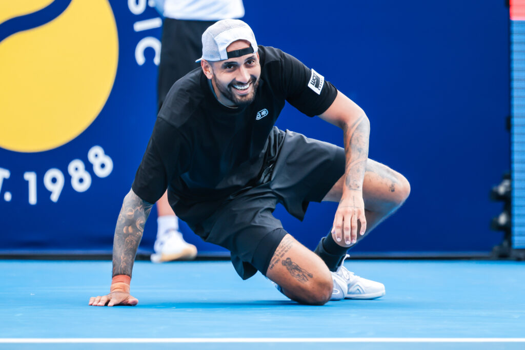 Nick Kyrgios reacts during the 2026 Kooyong Classic.