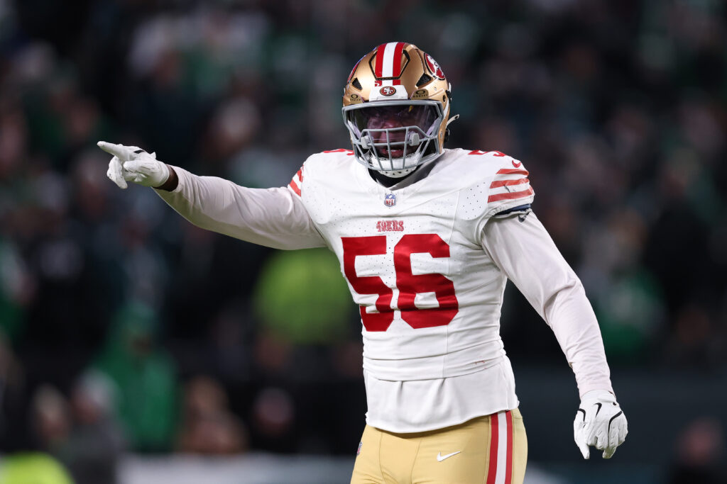 Keion White #56 of the San Francisco 49ers celebrates after a play against the Philadelphia Eagles during the first quarter in the NFC Wild Card Playoff game at Lincoln Financial Field on January 11, 2026.