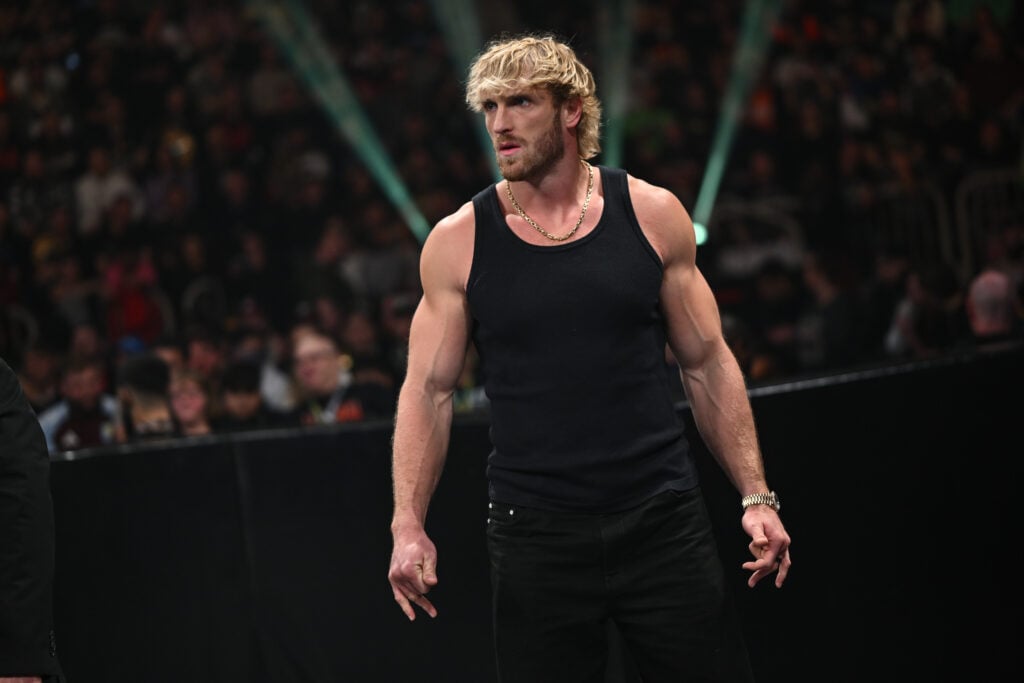 Logan Paul looks on during Monday Night RAW at PSD Bank Dome on January 12, 2026 in Duesseldorf, Germany.