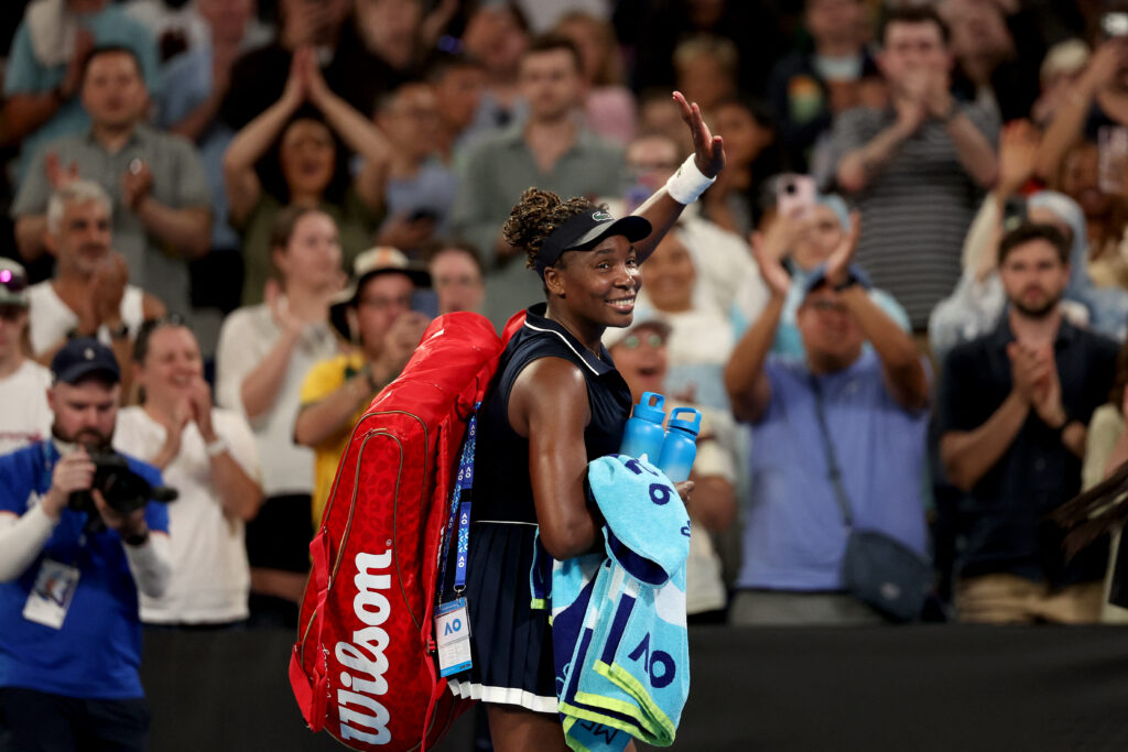 Venus Williams waves to the crowd after losing her first round match at the 2026 Australian Open.
