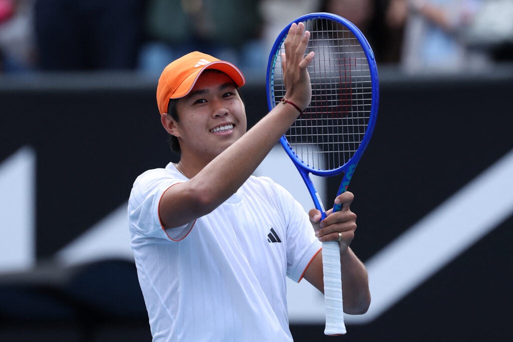 USA's Learner Tien celebrates victory over Kazakhstan's Alexander Shevchenko during their men's singles match on day four of the Australian Open tennis tournament in Melbourne on January 21, 2026.