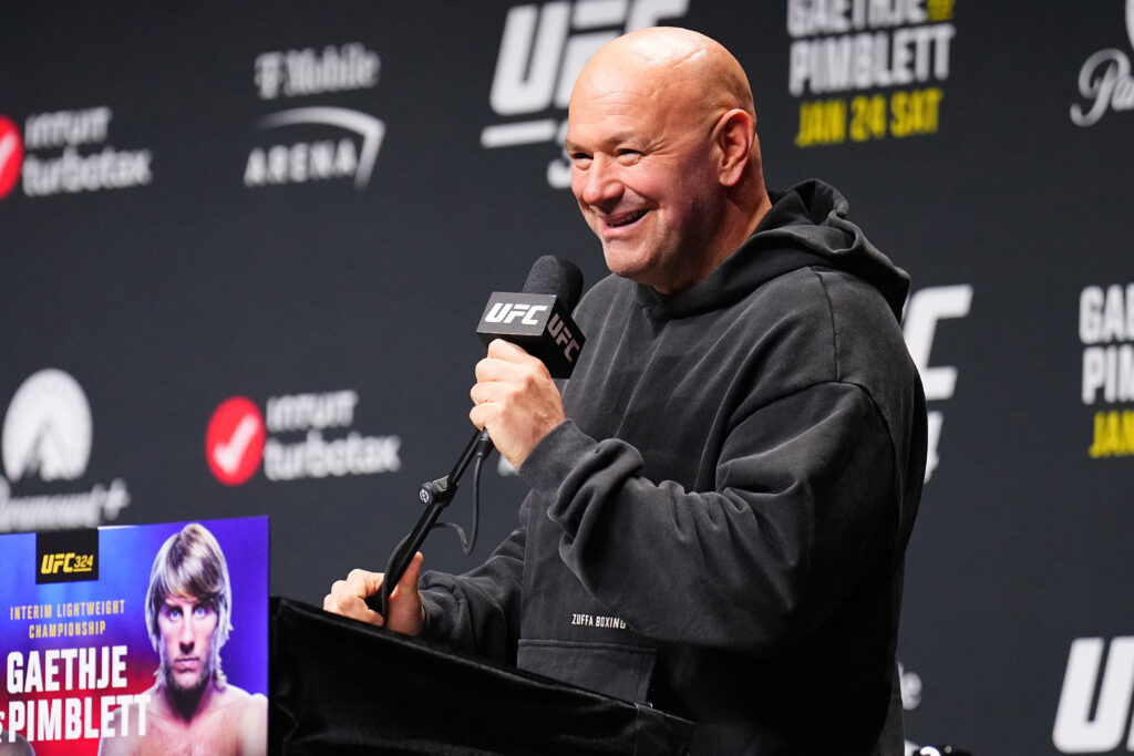 UFC President and CEO Dana White is seen on stage during the UFC 324 press conference at T-Mobile Arena on January 22, 2026 in Las Vegas, Nevada.
