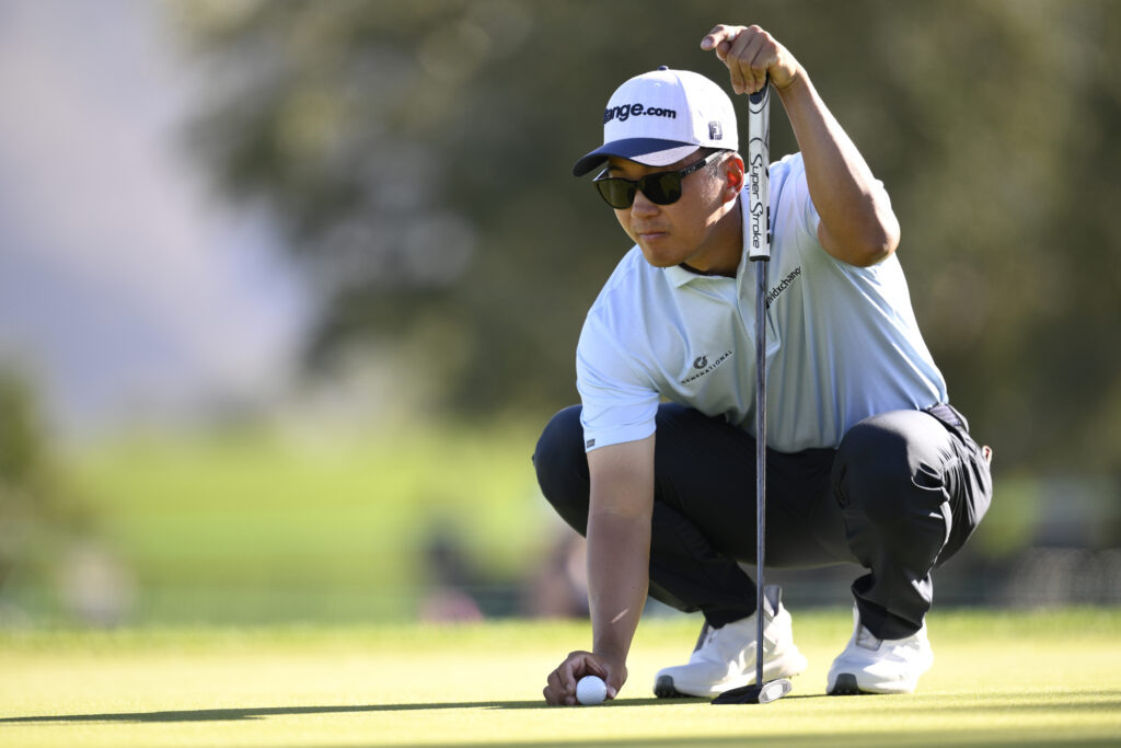 Michael Kim of the United States lines up a putt on the ninth green during the second round of The American Express 2026 at La Quinta Country Club on January 23, 2026 in La Quinta, California.