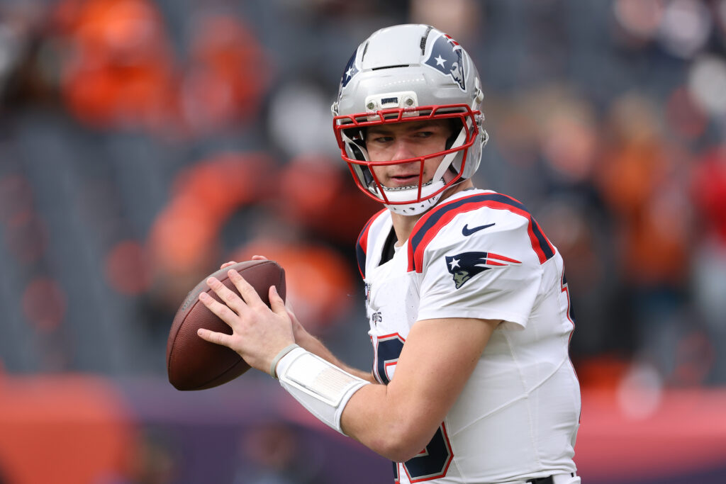 Drake Maye #10 of the New England Patriots warms up during pregame prior to the AFC Championship Playoff game against the Denver Broncos at Empower Field At Mile High on January 25, 2026 in Denver, Colorado.