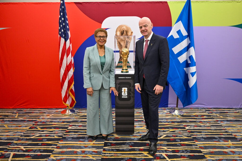FIFA President Gianni Infantino and Los Angeles Mayor Karen Bass at The United States Conference of Mayors on January 29, 2026 in Washington, DC.