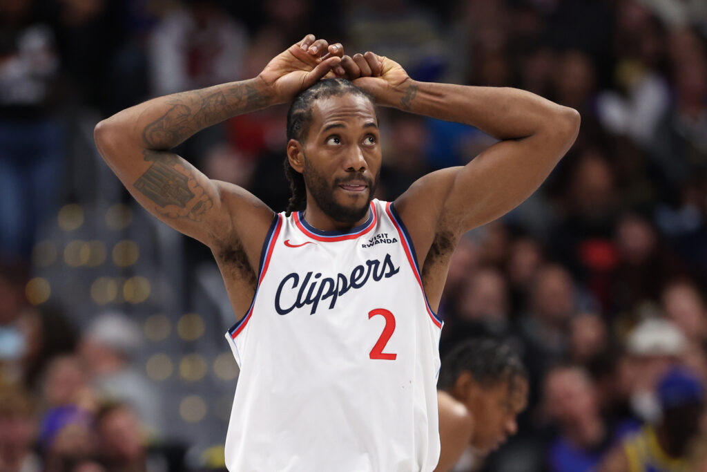 Kawhi Leonard #2 of the Los Angeles Clippers reacts during the fourth quarter of a game against the Denver Nuggets at Ball Arena.
