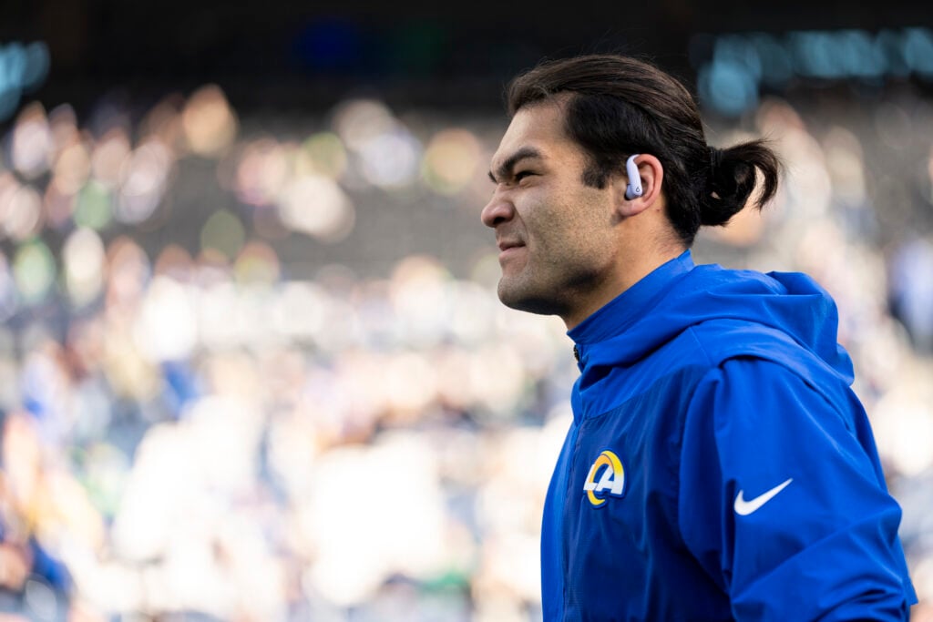 Puka Nacua #12 of the Los Angeles Rams reacts prior to an NFC Championship NFL football game against the Seattle Seahawks at Lumen Field.