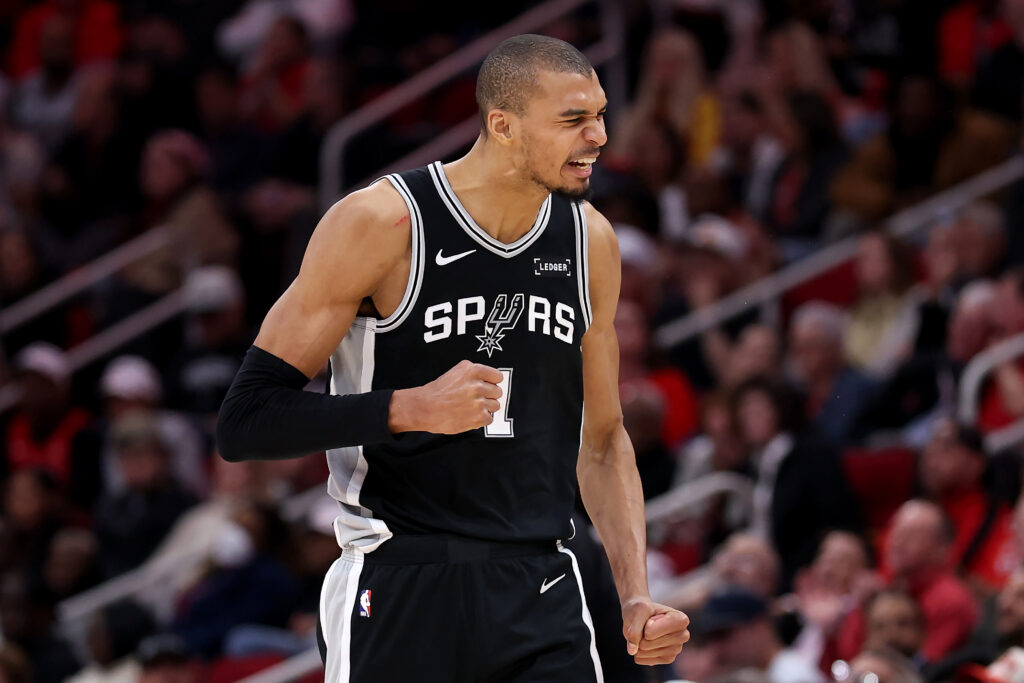 Victor Wembanyama #1 of the San Antonio Spurs reacts in the second half against the Houston Rockets at Toyota Center on January 28, 2026 in Houston, Texas.