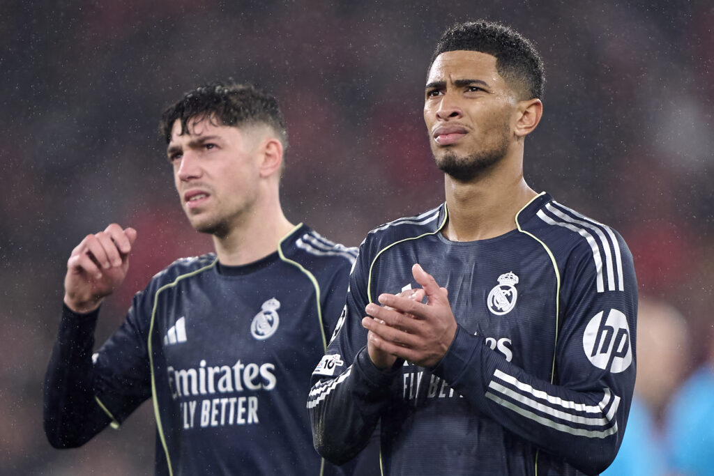 Jude Bellingham (R) and Federico Valverde (L) of Real Madrid CF, react at the end of the UEFA Champions League 2025/26 League Phase MD8 match between SL Benfica and Real Madrid C.F.