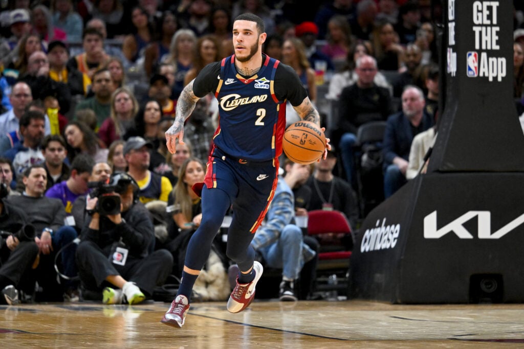 Lonzo Ball #2 of the Cleveland Cavaliers brings the ball up court during the fourth quarter against the Los Angeles Lakers at Rocket Arena on January 28, 2026 in Cleveland, Ohio.