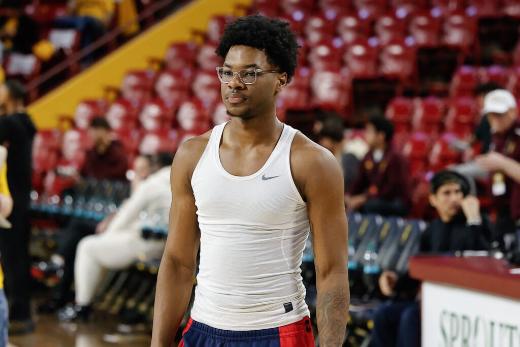 Arizona Wildcats guard Bryce James (6) looks on before the college basketball game between the Arizona Wildcats and the Arizona State Sun Devils on January 31, 2026