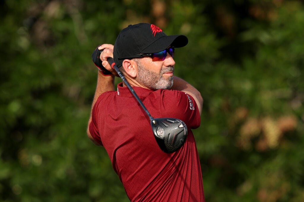 Sergio Garcia of Spain tees off on the 18th hole on day four of the Bahrain Championship 2026 at Royal Golf Club