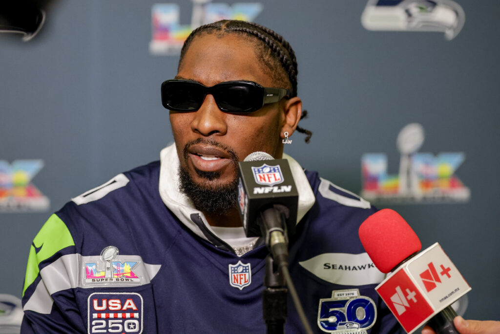 DeMarcus Lawrence (0) of the Seattle Seahawks answers questions during the Wednesday press conference on February 4, 2026 at the San Jose Marriott in San Jose, CA.