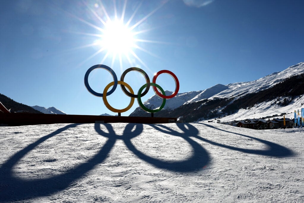 A general view of the Olympic rings ahead of the Milano Cortina 2026 Winter Olympics on February 01, 2026 in Livingo, Italy.