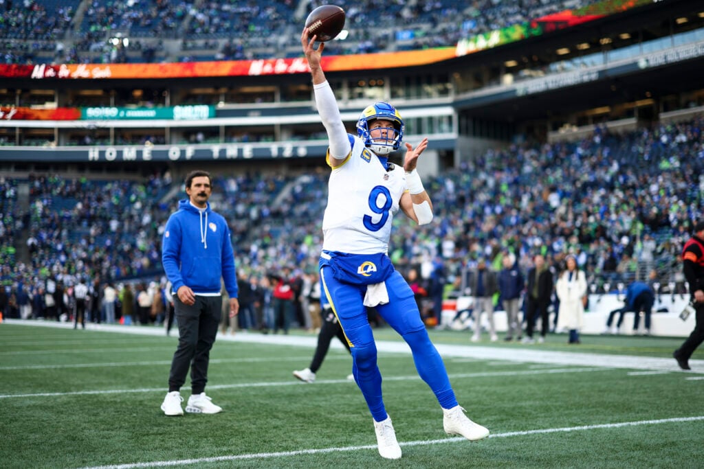 Matthew Stafford #9 of the Los Angeles Rams warms up prior to the NFC Championship NFL football game against the Seattle Seahawks at Lumen Field on January 25, 2026 in Seattle, Washington.