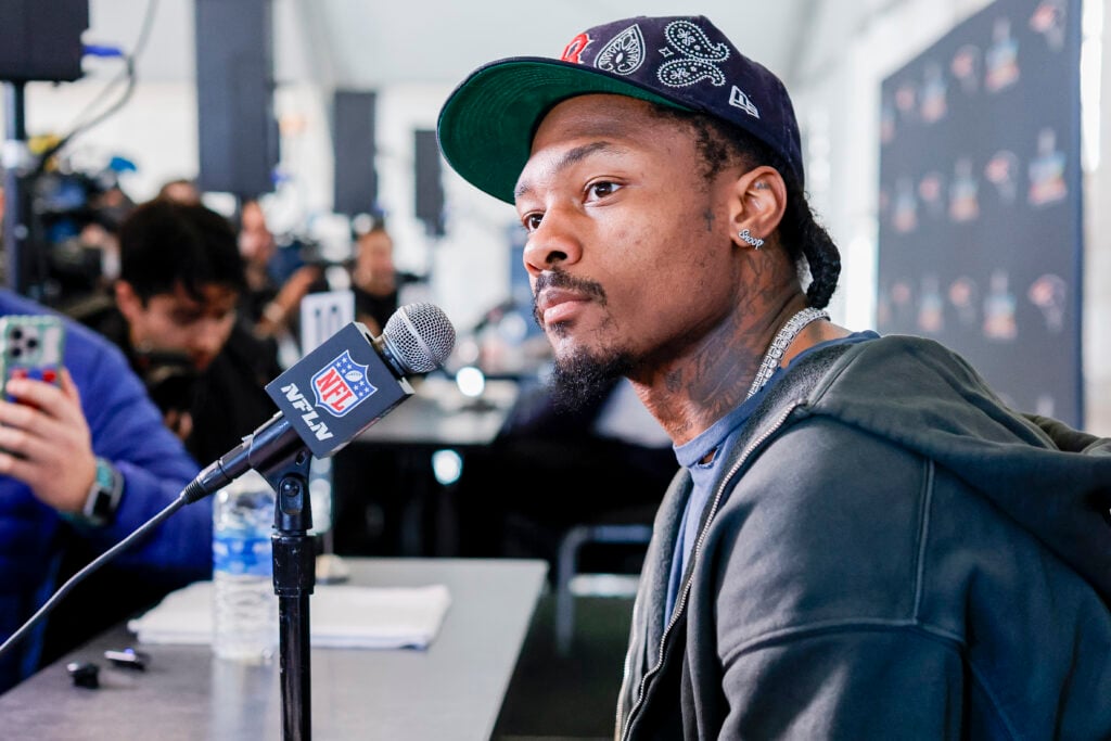 Stefon Diggs (8) of the New England Patriots answers questions during the Thursday press conference on Thursday, February 5th at the Santa Clara Marriott in Santa Clara, CA.