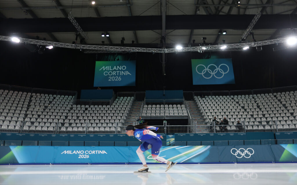 Brittany Bowe of Team United States of America trains on day minus four of the Milano Cortina 2026 Winter Olympic games at Milano Speed Skating Stadium on February 02, 2026 in Milan, Italy.