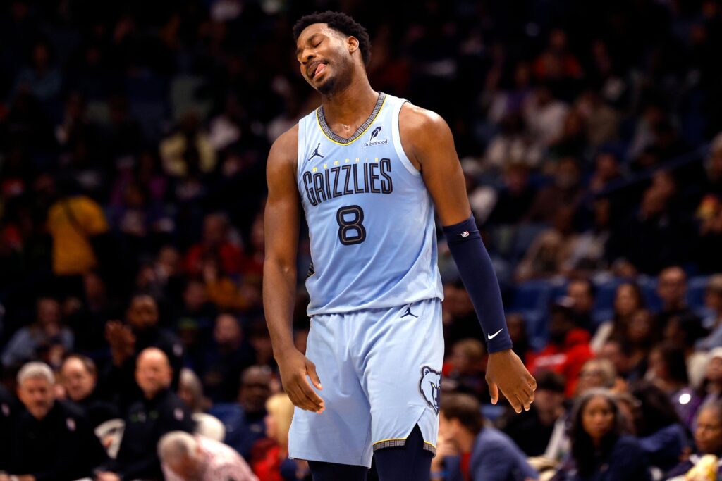 Jaren Jackson Jr. #8 of the Memphis Grizzlies reacts during a NBA game against the New Orleans Pelicans