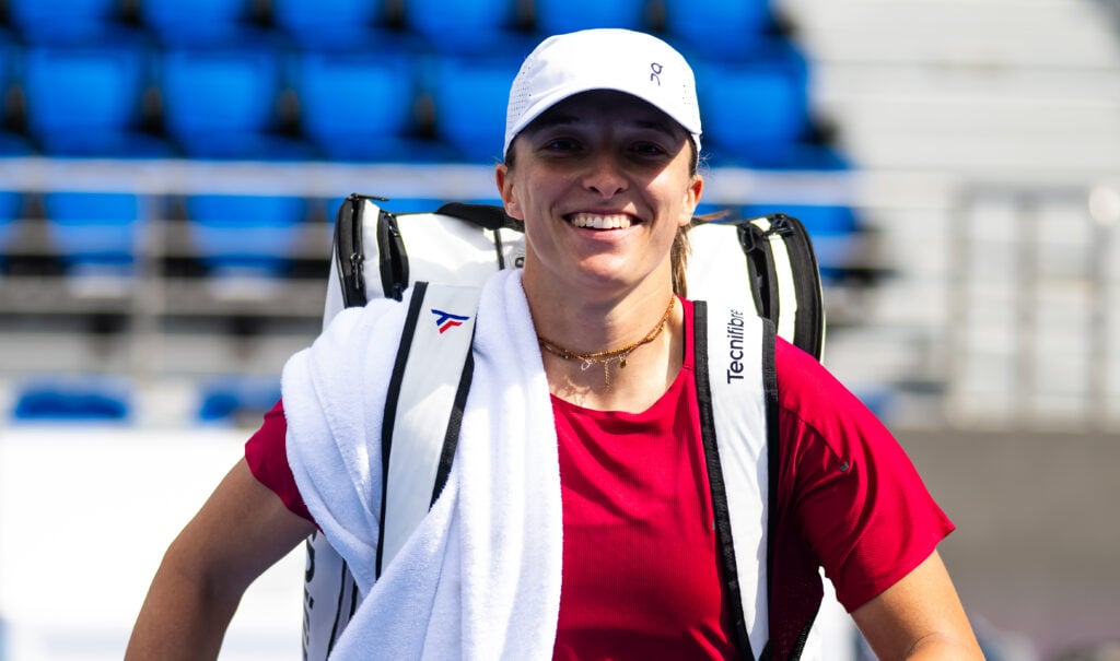 Iga Swiatek of Poland during practice before the Qatar TotalEnergies Open, part of the Hologic WTA Tour at Khalifa International Tennis and Squash Complex on February 06, 2026 in Doha, Qatar.