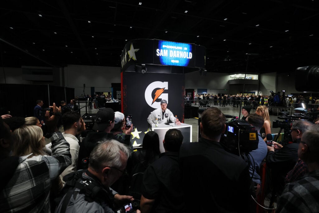 Sam Darnold #14 of the Seattle Seahawks speaks with the media during Super Bowl LX Opening Night at San Jose McEnery Convention Center on February 02, 2026 in San Jose, California.