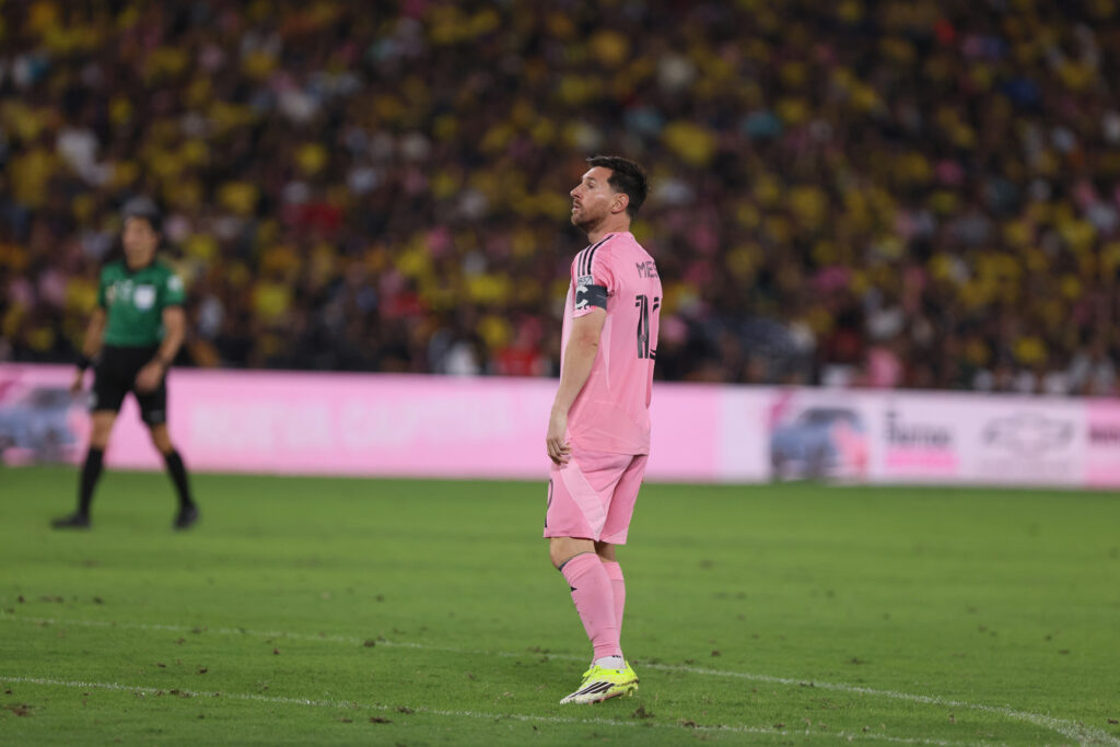 Lionel Messi of Inter Miami looks on during a friendly match between Barcelona SC and Inter Miami at Estadio Monumental Isidro Romero Carbo on February 7, 2026 in Guayaquil, Ecuador.