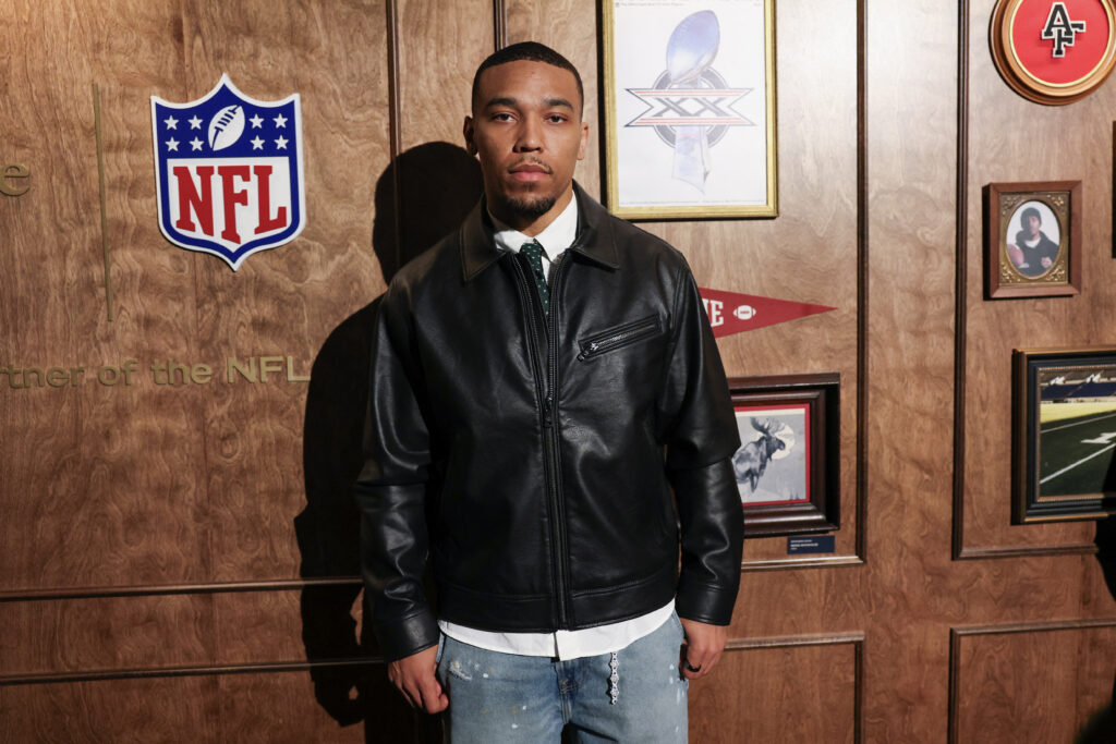 Detroit Lions wide receiver Amon-Ra St. Brown attends the Abercrombie and Fitch NFL Super Bowl weekend fashion presentation at the NFL Culture Club