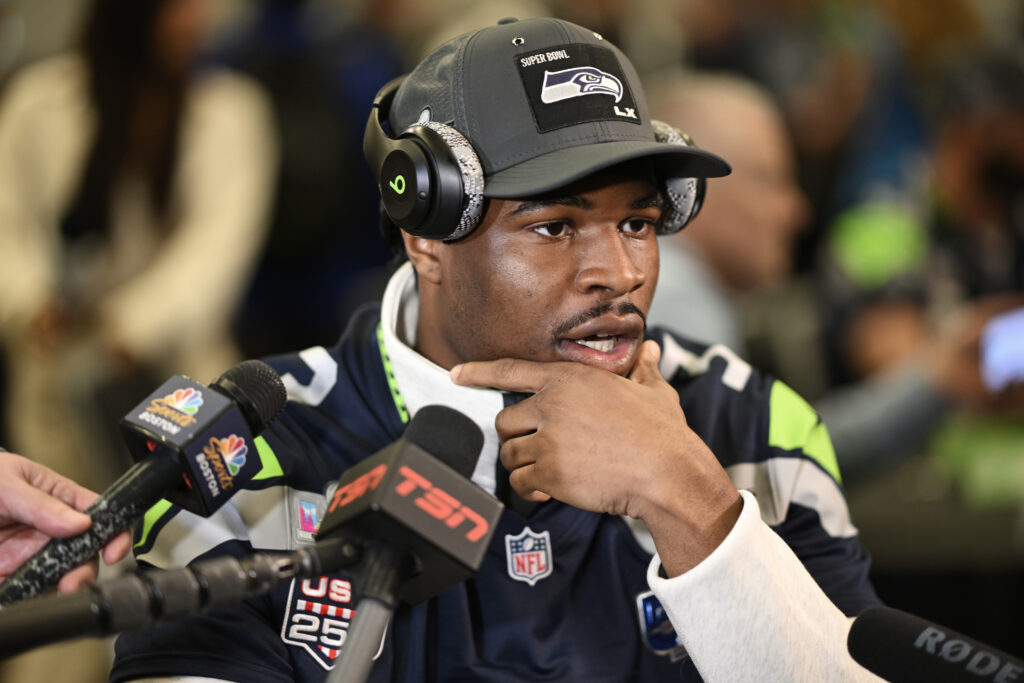 Nick Emmanwori #3 of the Seattle Seahawks speaks to the media ahead of Super Bowl LX at the San Jose Convention Center.