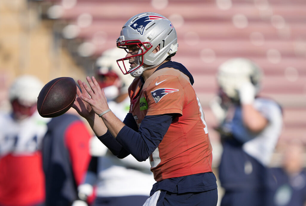 Quarterback Drake Maye #10 of the New England Patriots participates in drills during practice prior to Super Bowl LX at Stanford Stadium on February 04, 2026 in Stanford, California.