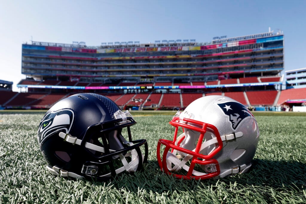 A general view of the Seattle Seahawks helmet and New England Patriots helmet displayed in inside of the Levi's Stadium prior to Super Bowl LX on February 4, 2026 in Santa Clara, California.