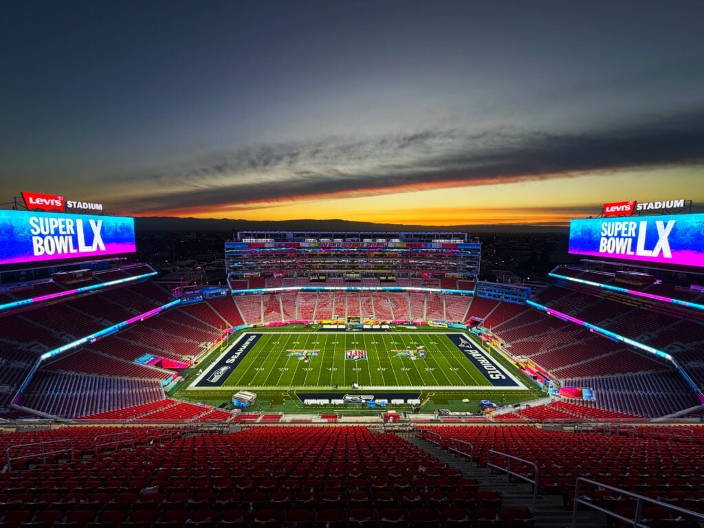 A general view of Levi Stadium at sunset prior to Super Bowl LX between the New England Patriots and the Seattle Seahawks on February 7, 2026 in Santa Clara, California.