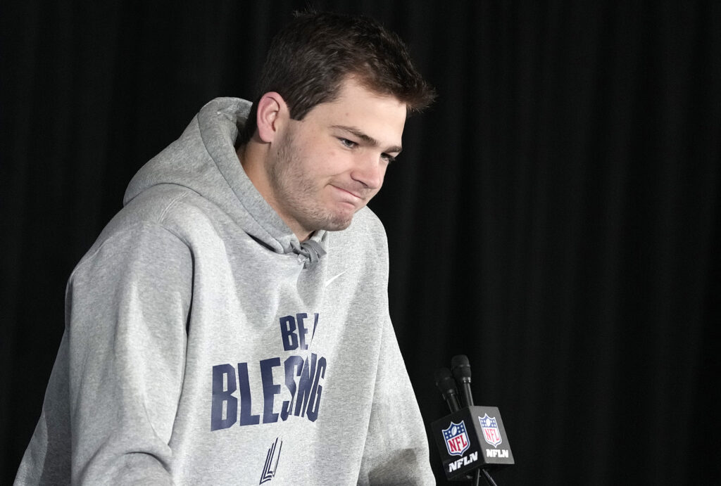 Drake Maye #10 of the New England Patriots addresses the media prior to Super Bowl LX at the Santa Clara Marriott on February 05, 2026 in Santa Clara, California.