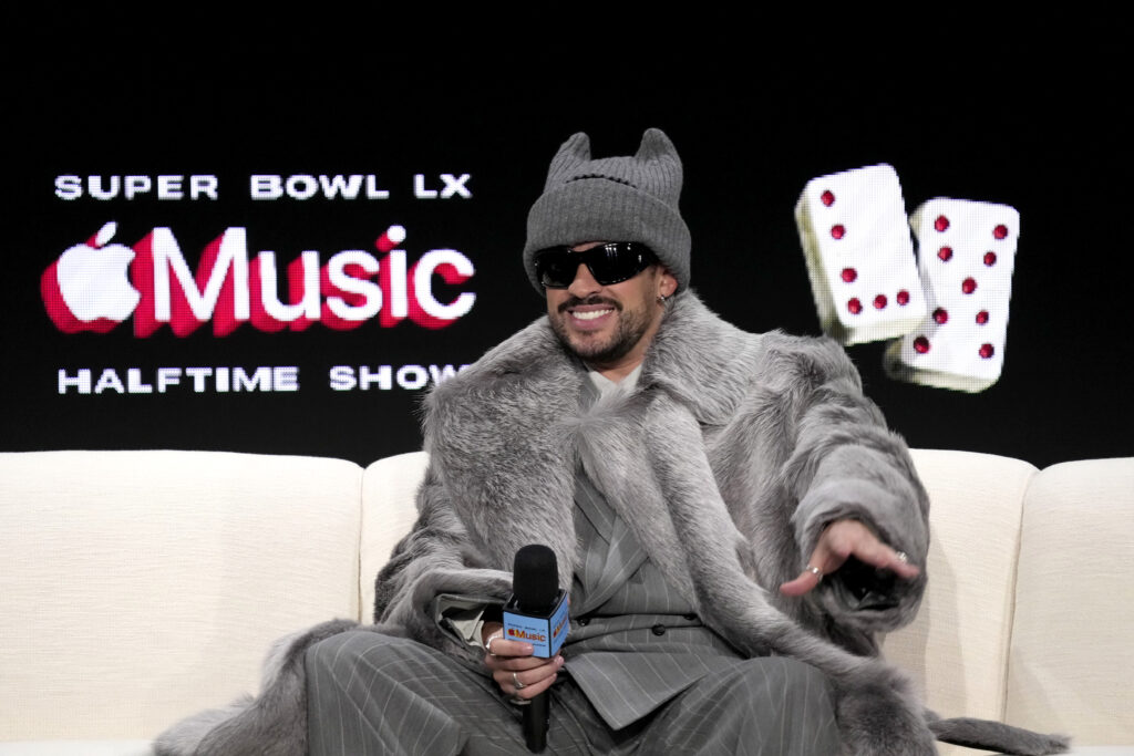 Bad Bunny speaks onstage at the Super Bowl LX Pregame & Apple Music Super Bowl LX Halftime Show Press Conference at Moscone Center West on February 05, 2026 in San Francisco, California.