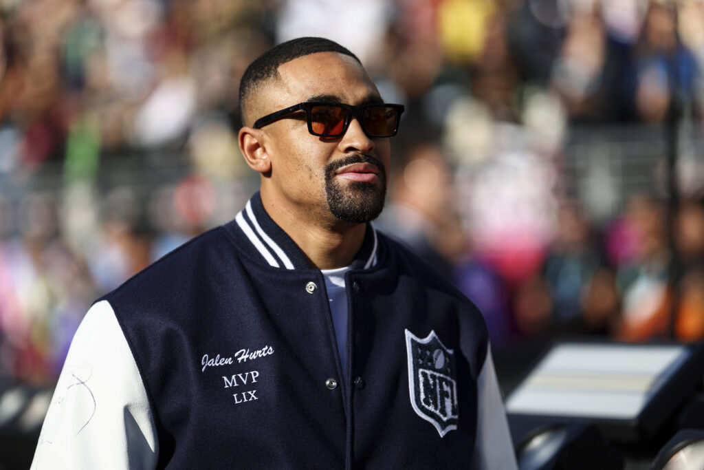 Jalen Hurts #1 of the Philadelphia Eagles walks onto the field prior to the NFL Super Bowl LX football game between the Seattle Seahawks and the New England Patriots, at Levi's Stadium on February 8, 2026 in Santa Clara, California.
