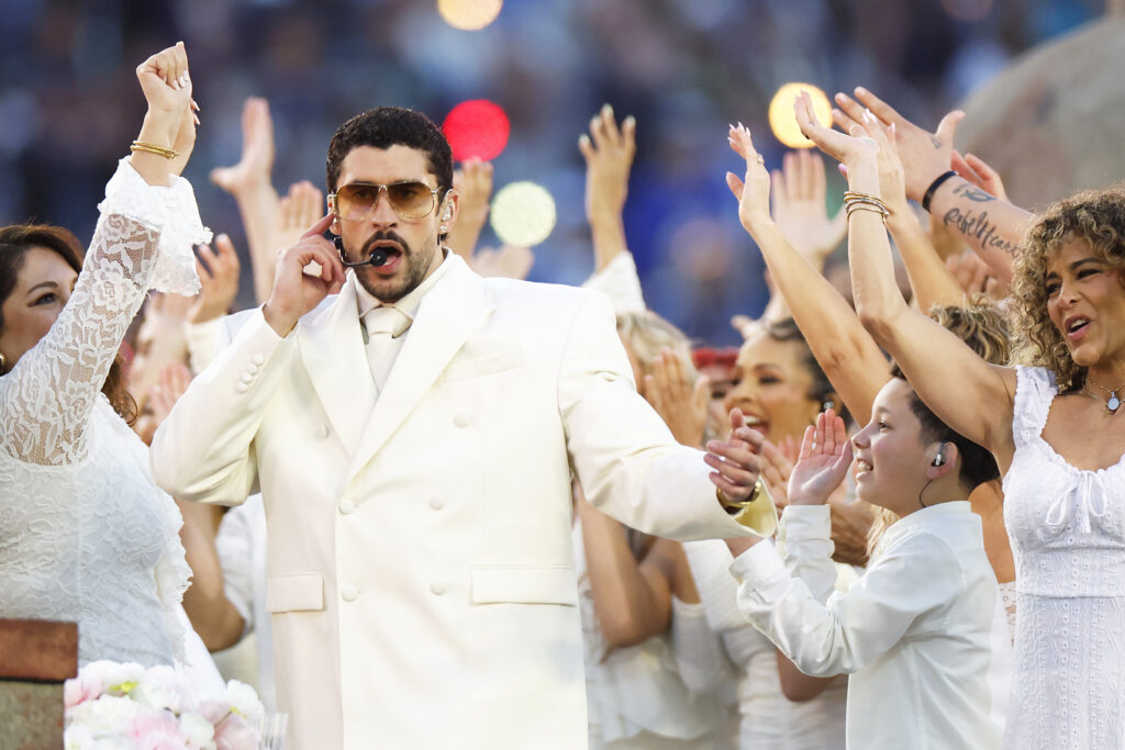 Bad Bunny performs during the Halftime Show of Super Bowl LX between the Seattle Seahawks and New England Patriots in Santa Clara, Calif. on Sunday, Feb. 8, 2026.