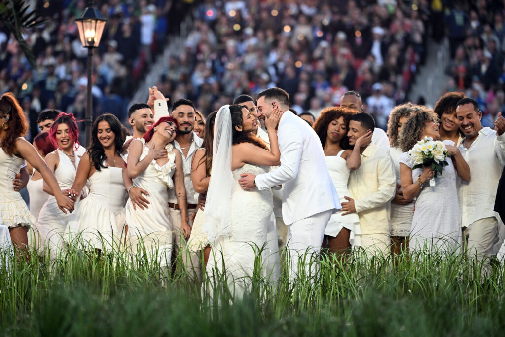 Performers portray a wedding during Puerto Rican singer Bad Bunny performance at Super Bowl LX Patriots vs Seahawks Apple Music Halftime Show at Levi's Stadium in Santa Clara, California on February 8, 2026.