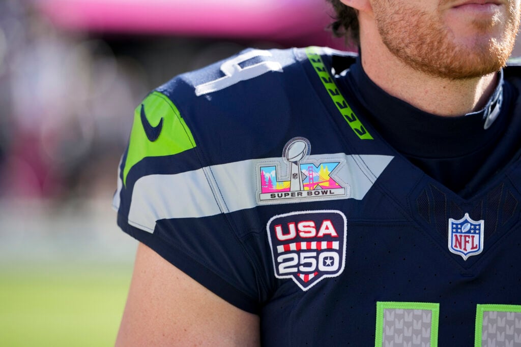 Detail shot of the Super Bowl logo prior to the NFL Super Bowl LX football game between Seattle Seahawks and New England Patriots at Levi Stadium.