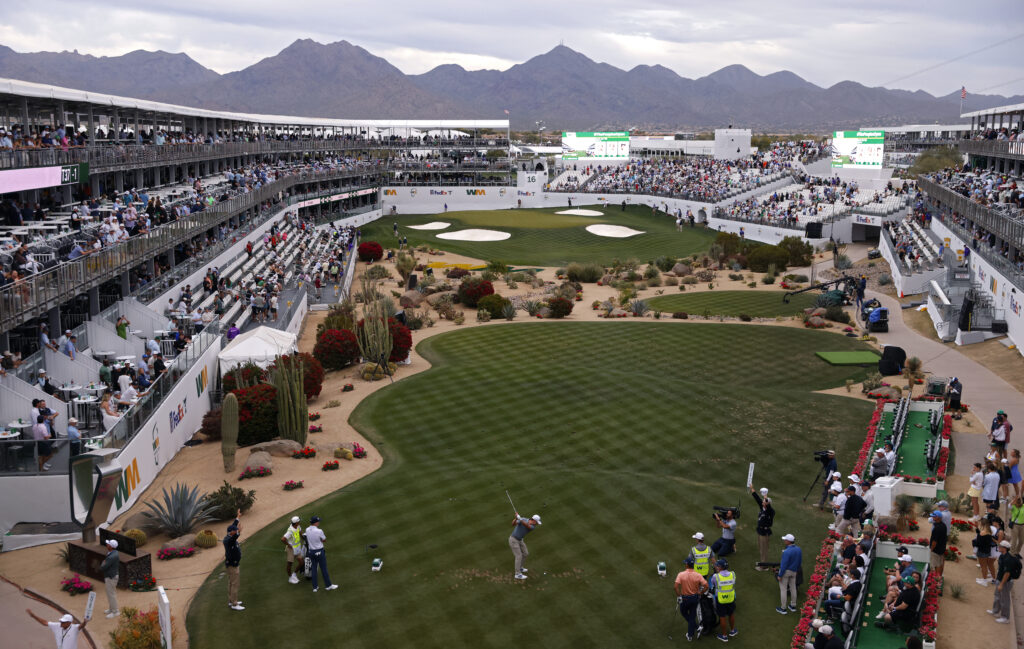 Maverick McNealy of the United States plays his shot from the 16th tee during the first round of the WM Phoenix Open