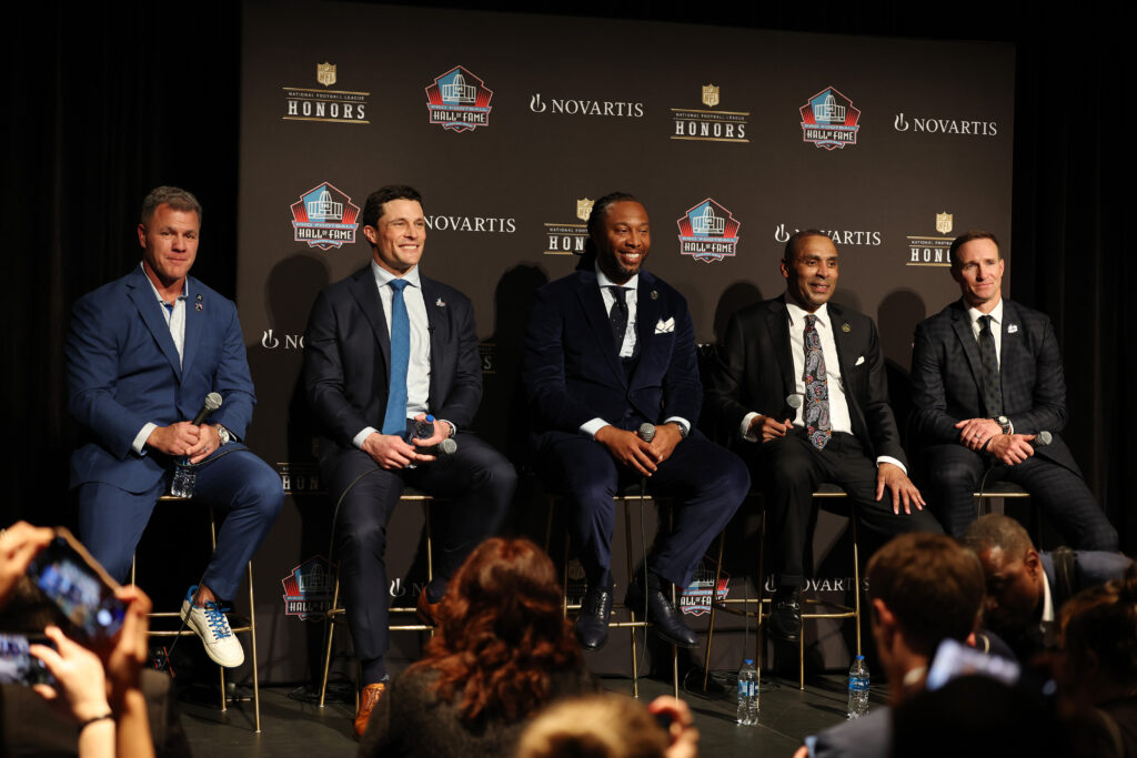 2026 Pro Football Hall of Fame inductees Adam Vinatieri, Luke Kuechly, Larry Fitzgerald, Roger Craig and Drew Brees look on during the 15th Annual NFL Honors at the Palace Of Fine Arts on February 05, 2026 in San Francisco, California.