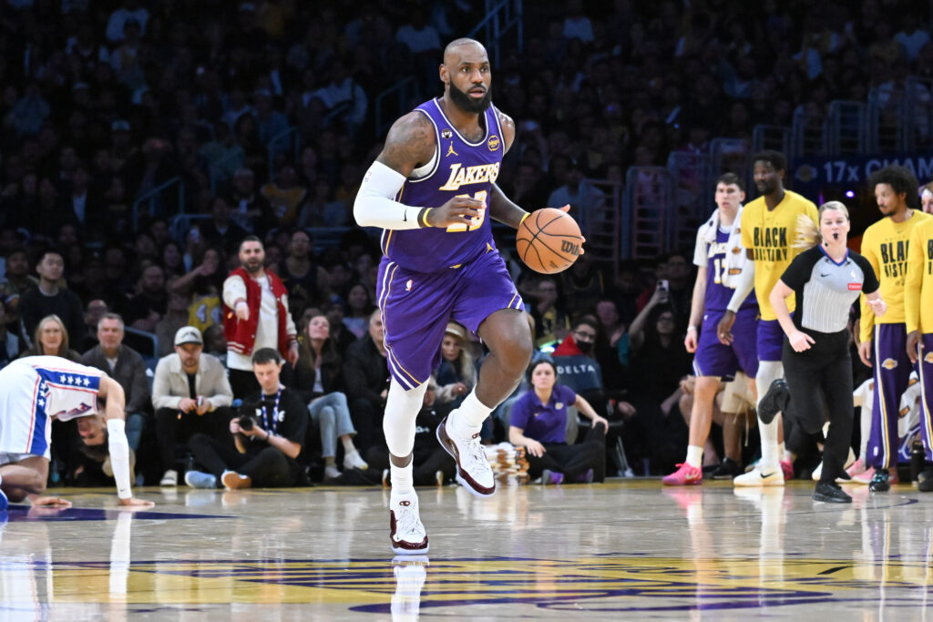 LeBron James #23 of the Los Angeles Lakers dribbles the ball during the second half of a game against the Philadelphia 76ers at Crypto.com Arena on February 05, 2026 in Los Angeles, California.