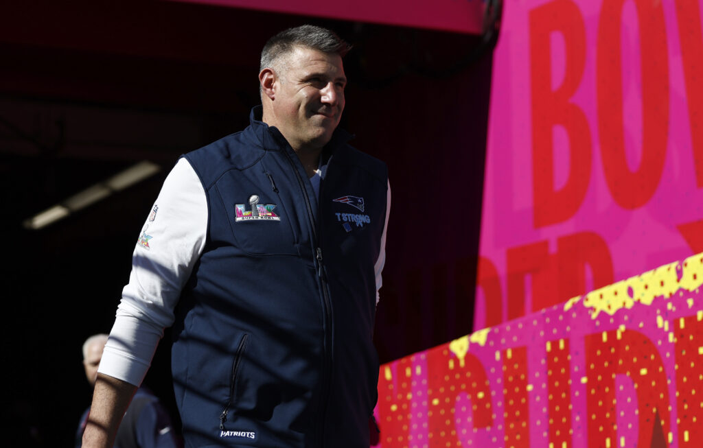 New England Patriots head coach Mike Vrabel walks onto the field during warm ups. The New England Patriots and Seattle Seahawks played in Super Bowl LX at Levi's Stadium on February 8, 2026.